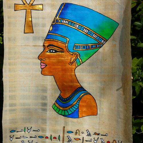 Peinture reine nefertiti egypte antique de 35 cm x 25 cm - peinture réalisée à la main sur papyrus peintures acryliques couleurs et or