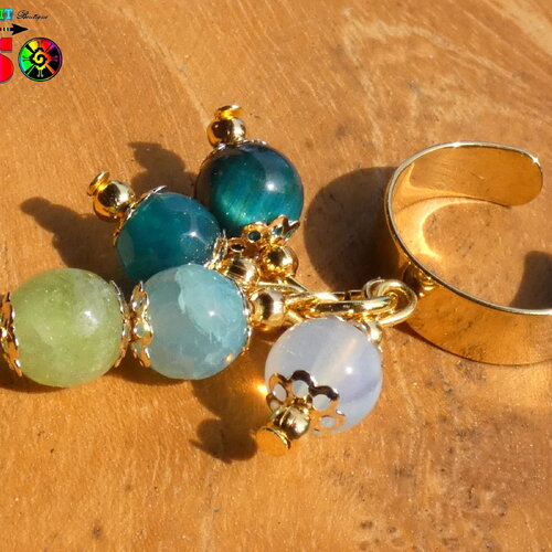 Bague ajustable anneau large acier inox plaqué or 18k, perles pierres fines, agate veine dragon bleu et verte, oeil tigre turquoise, opaline