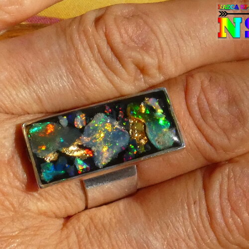 Bague cocktail réglable rectangle, plaqué argent, opales naturelles ethiopie,  feuilles or 24 k, inclusion résine, bijou fait main précieux
