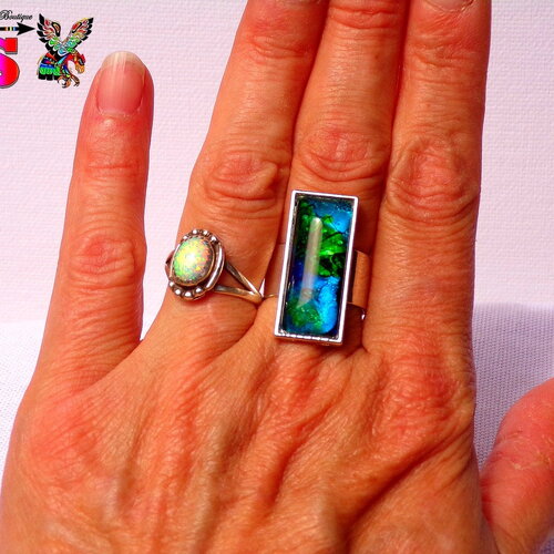 Bague réglable tribal ethnique - bijou artisanal fait main - bague aztèque plaqué argent - cabochon rectangle verre bleu turquoise et vert