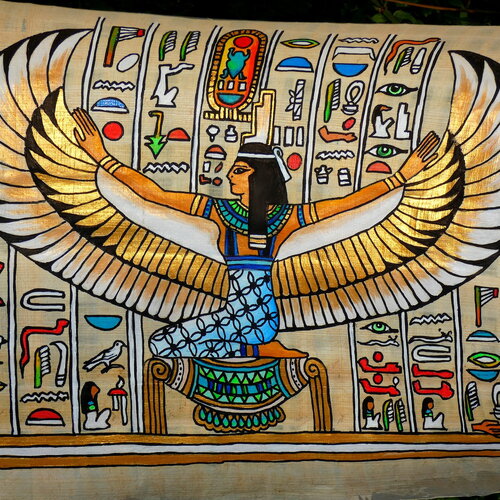 Peinture déesse isis ailée egypte antique de 35 cm x 25 cm - peinture réalisée à la main sur papyrus peintures acryliques couleurs et or