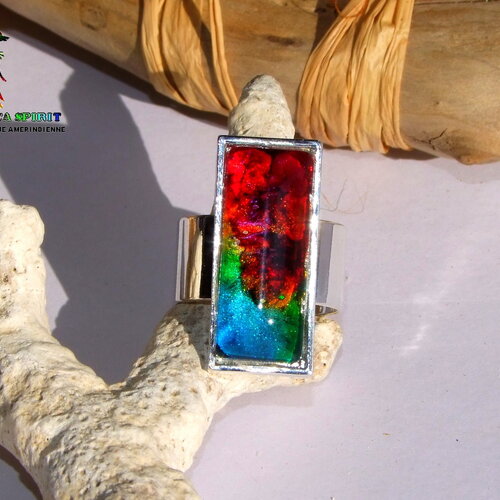 Bague réglable tribal ethnique - bijou artisanal fait main - bague aztèque laiton plaqué argent - cabochon rectangle multicolore