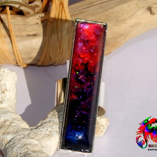 Bague réglable tribal ethnique - bijou artisanal fait main - bague aztèque laiton plaqué argent - cabochon rectangle multicolore
