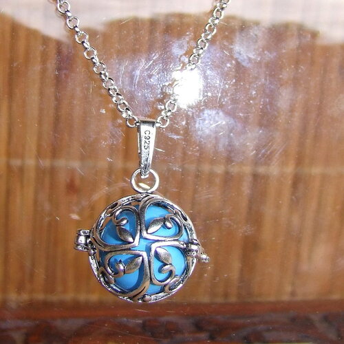 Collier bola de grossesse ciselé / pendentif mexicain / boule musicale bleu turquoise / chaîne en argent 925 de 52 cm / bola de naissance