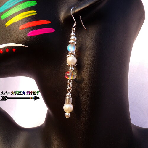 Boucles d'oreilles pendants mariage, boho chic, argent 925, cristal aura, perles de culture, imitation pierres de lune, multicolore irisé