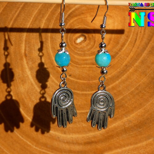 Pendants bohème ethnique mains lignes de nazca plaqué argent et pierres fines d'agates bleue - boucle d'oreilles création artistique pérou