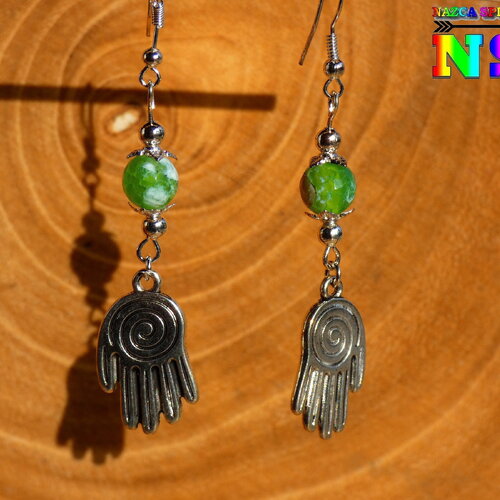 Pendants bohème ethnique mains lignes de nazca plaqué argent et pierres fines d'agates bleue - boucle d'oreilles création artistique pérou
