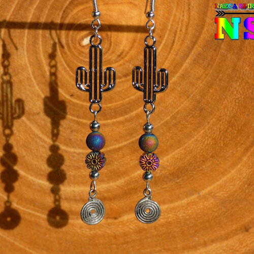 Pendants ethniques cactus et agate géode iridescent et hématite multicolore-bijou fait main cactus plaqué argent-création artistique mexique