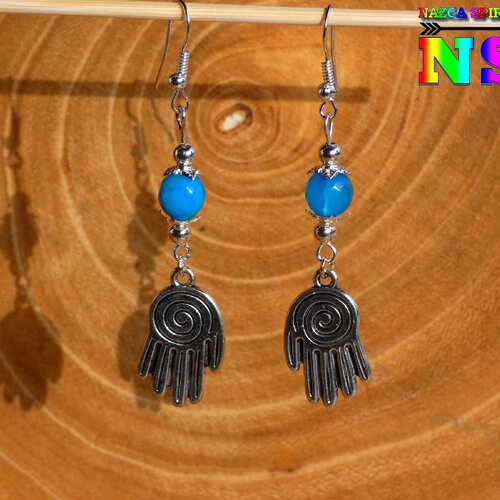 Pendants bohème ethnique mains lignes de nazca plaqué argent et pierres fines d'agates bleue - boucle d'oreilles création artistique pérou