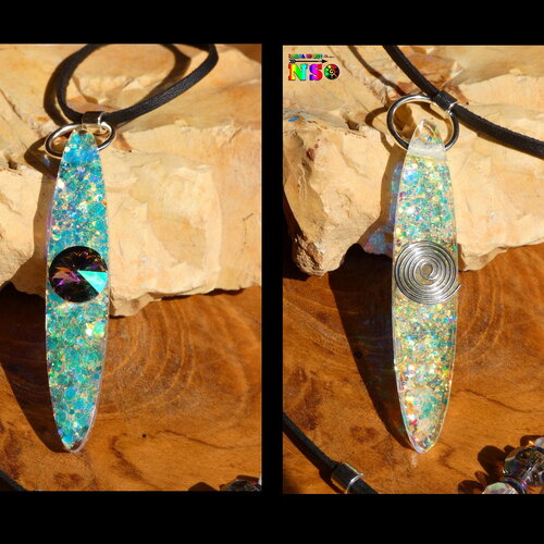 Collier ajustable boho bohème bi fonction, pendentif ovale résine multicolore iridescent ab, cristal autrichien volcano, spirale argent