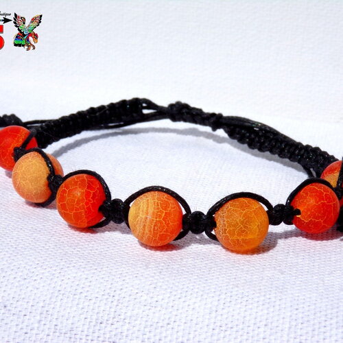 Bracelet de méditation ajustable - macramé fil de coton ciré noir - perles agate veine de dragon givré - agate teintée orange mandarine