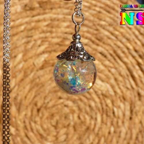Collier chaîne argent 925, pendentif orbe magique, bijou de fée lumineux, sphère féérique iridescente, bijou luminescent la nuit