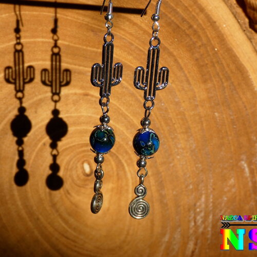 Pendants ethniques cactus et perles en verre bleu océan - bijou fait main cactus plaqué argent - création artistique mexique - perles océane