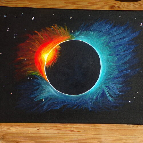 Peinture espace eclipse de soleil - toile  coton châssis bois 30 cm x 40 cm (&quot;11.81 x &quot;15.74) - tableau artistique cosmos - tableau signé