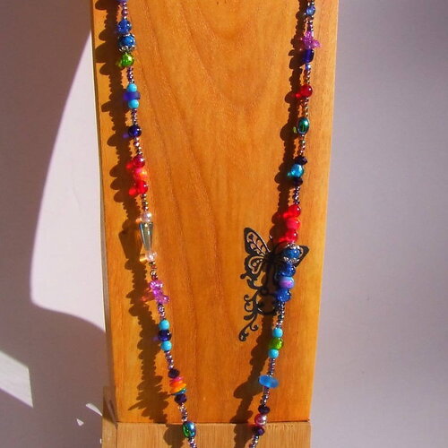Collier sautoir de 120 cm / esprit bohème / perles en verre et cristal multicolore iridescent / création unique /bijou de créateur fait main