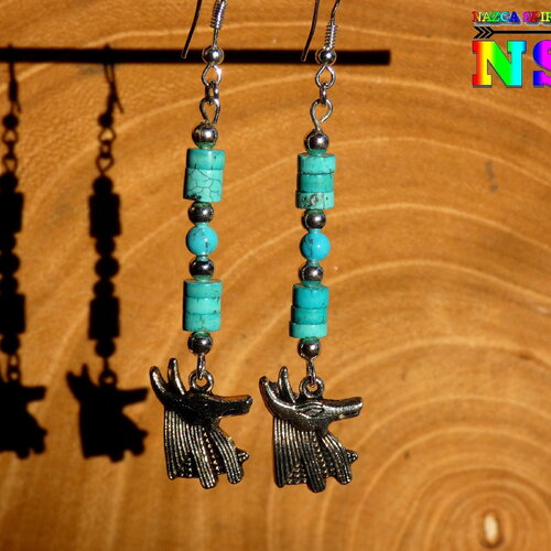 Boucles d'oreilles egyptiennes dieu anubis de 7.5 cm (&quot;2.95) de long - bijou egyptien antiquité - plaqué argent et turquoises naturelles