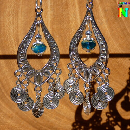 Pendants ethniques plaqué argent et cristal de bohème bleu turquoise - bijou bohème ethnique fait main inspiration pérou-création artistique