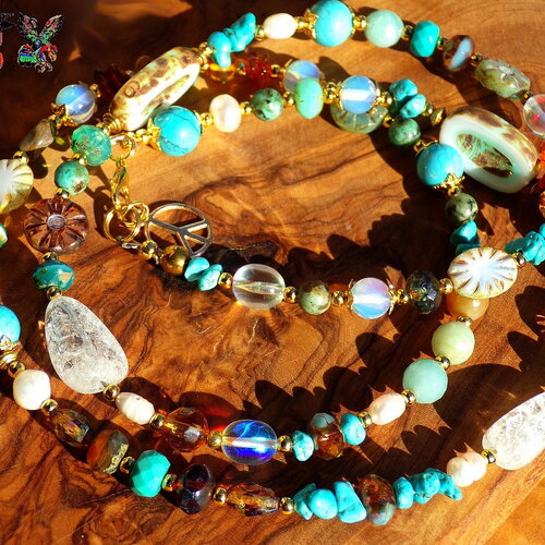 Collier sautoir bohème de 90 cm (&quot;35.43) de long, très grand collier sautoir, turquoises sleeping beauty, cristal de roche perles de culture