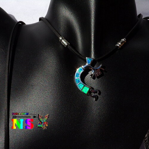Collier bohème ethnique ajustable, pendentif kokopelli argent sterling, opales bleues et vertes iridescentes