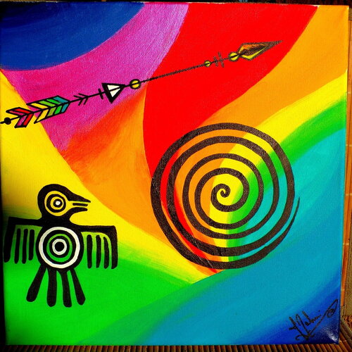 Peinture acrylique sur toile coton châssis bois de 30 cm x 30 cm - peinture tribale ethnique esprit inca - peinture artistique fait main