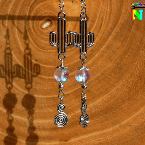 Pendants ethniques cactus et pierres fines cristal de roche iridescent - bijou fait main cactus plaqué argent-création artistique mexique