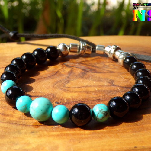 Bracelet tibétain ajustable bohème ethnique - création artisanale - bracelet en perles d'onyx noire et turquoises naturelles usa