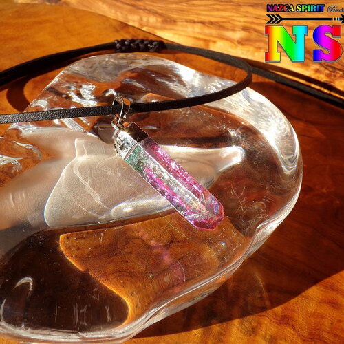 Collier ajustable pendentif pointe cristal de roche quartz / bijou bohème-ethnique / pendentif cristal naturel  / couleur améthyste ab