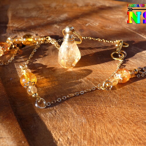 Sautoir pendentif 3.5 cm flacon de parfum 2 ml cristal de citrine naturelle, bijou pierres fines chaîne acier inox plaqué or, perles citrine