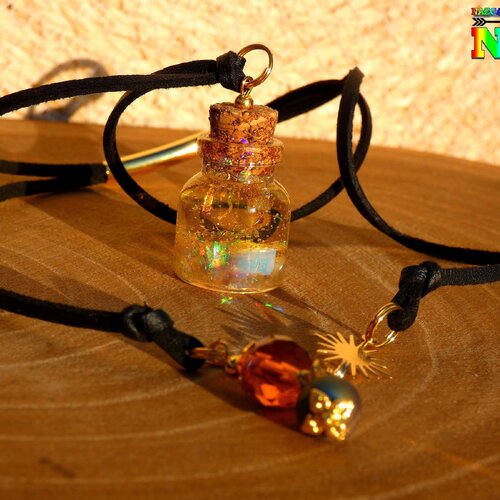 Collier bohème hippie ajustable fait main - pendentif fiole en verre - inclusion résine améthystes or 24k et cristal de roche