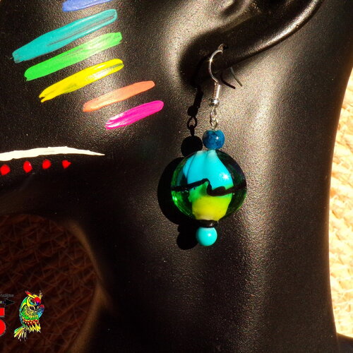 Pendants pour oreilles percées perles en verre turquoise et vert de 5.5 cm (&quot;2.16) - pendants crochets plaqué argent-bijou bohème petit prix