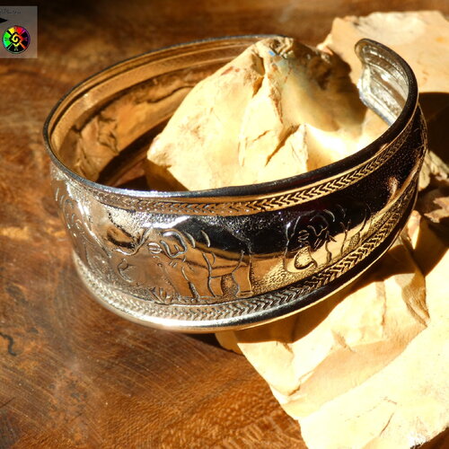 Bracelet machette large ajustable en cuivre plaqué argent, bracelet jonc africain eléphants gravés, bijou ethnique réglable, cadeau femme