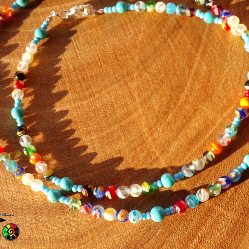 Collier tribal africain artisanal 55 cm (&quot;21.65) de long - perles de rocaille en verre - perles rondes verre de venise milfiori multicolore