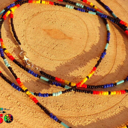 Collier de perles sautoir tribal ethnique - perles de rocaille en verre multicolores - collier de 1.30 mètres de long  (&quot;51.18)