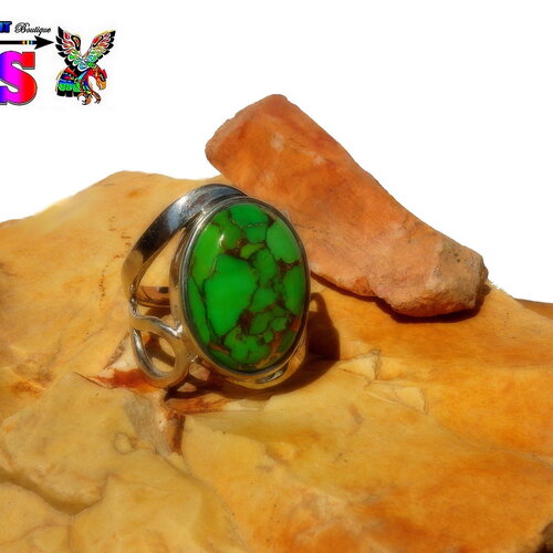Bague argent sterling et turquoise mojave -taille us7 - france t54 - bague en turquoise verte et cuivre - bijou artisanal -turquoise arizona