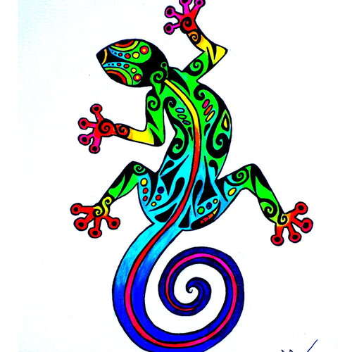 Aquarelle revisitée gecko maori version tatoo multicolore sur papier aquarelle format a3 - 300 g