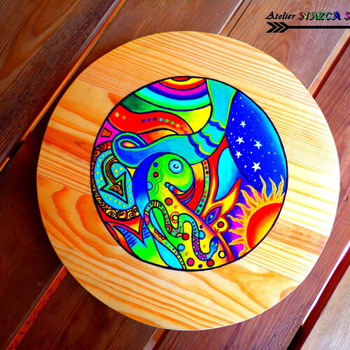 Grand plateau tournant / rond de 32 cm (&quot;12.59) / home déco / bois de pin naturel / peinture artistique / acrylique multicolore / fait main