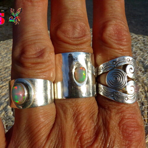 Anneau esclave ajustable en argent sterling opale welo naturelle ethiopie fr 57/us8 - bague bohème ethnique argent martelé-bijou précieux