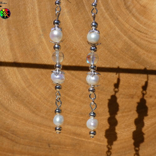Longs pendants minimalistes esprit tahiti - bijou femme fait main plaqué argent et perles de culture blanches - perles origine philippines