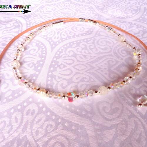 Collier mariage réglable - bijou bohème - perles de culture - cristal de roche aura - cristal de bohème facetté - bijou multicolore