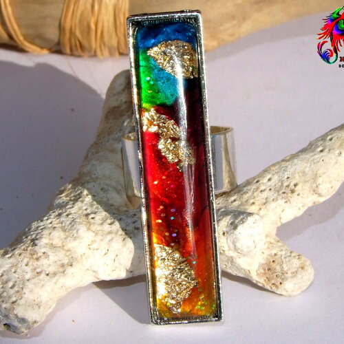 Bague réglable tribal ethnique inspiration aztèque, bague rectangle, anneau laiton plaqué argent et cabochon en verre artisanal