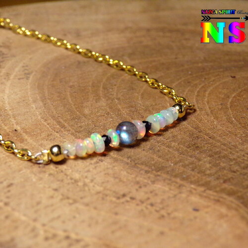 Bracelet bohème chaîne plaqué or et opales blanches ethiopie - opale et labradorite bleue - bracelet féminin délicat en pierres précieuses