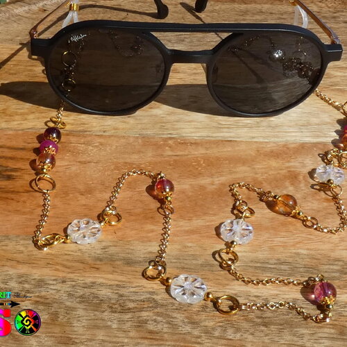 Chaîne de lunettes, collier sautoir bracelet, laiton or, perles facettées soleils cristal bohème aurore boréale, bijou original bi fonction
