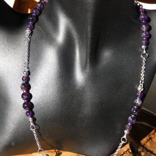 Collier de 50 cm en perles d'améthystes et chaîne plaqué argent, chaîne maille forçat de 1.8 mm de diamètre, améthyste naturelle france