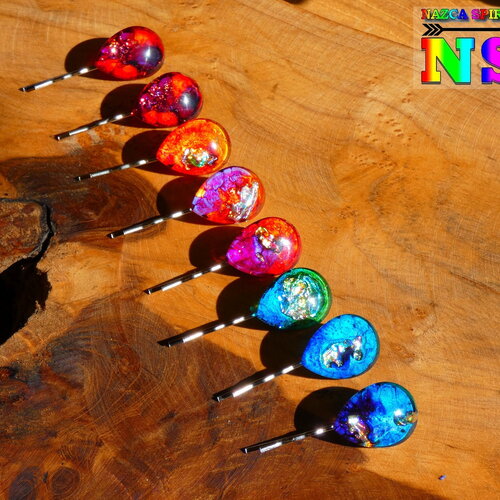 Barrette pince à cheveux artisanale en acier inox et cabochon goutte verre multicolore - bijoux de cheveux faits main - couleurs au choix