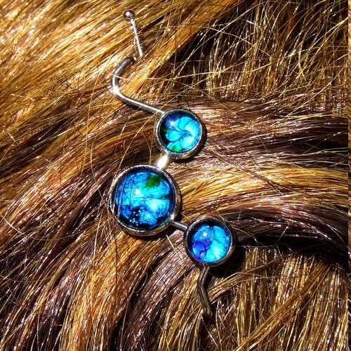 Barrette bohème acier inox  cabochons en verre coloration artisanale création unique hand made france - turquoise et bleu cobalt iridescent