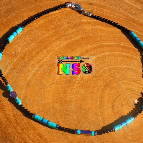 Collier tribal ethnique, perles en onyx noire, turquoises naturelle, hématite et howlite couleur bleu vert
