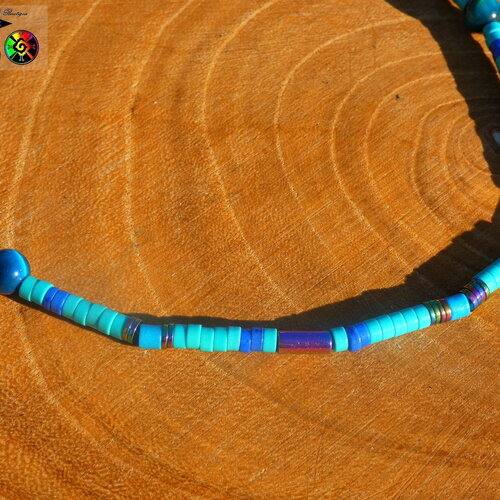 Collier tribal ethnique homme femme, perles oeil de tigre bleu turquoise, perles enturquoises naturelles, howlite bleue,hématite multicolore