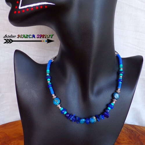 Collier réglable esprit egypte - perles facettées saphir naturel précieux- perles jaspe aquaterra turquoise apatites bleue et lapis lazuli