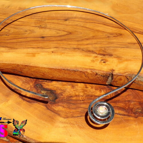 Collier jonc ajustable en argent 925 et opale naturelle facettée origine ethiopie  - bijou artisanal fait main -bijou précieux esprit bohème
