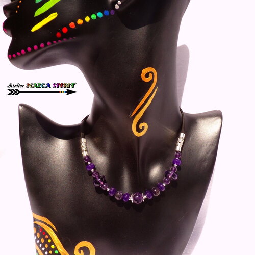 Collier artisanal fait main ajustable perles améthystes naturelles, bijou bohème ethnique, perles rondes en cristal améthystes violet france